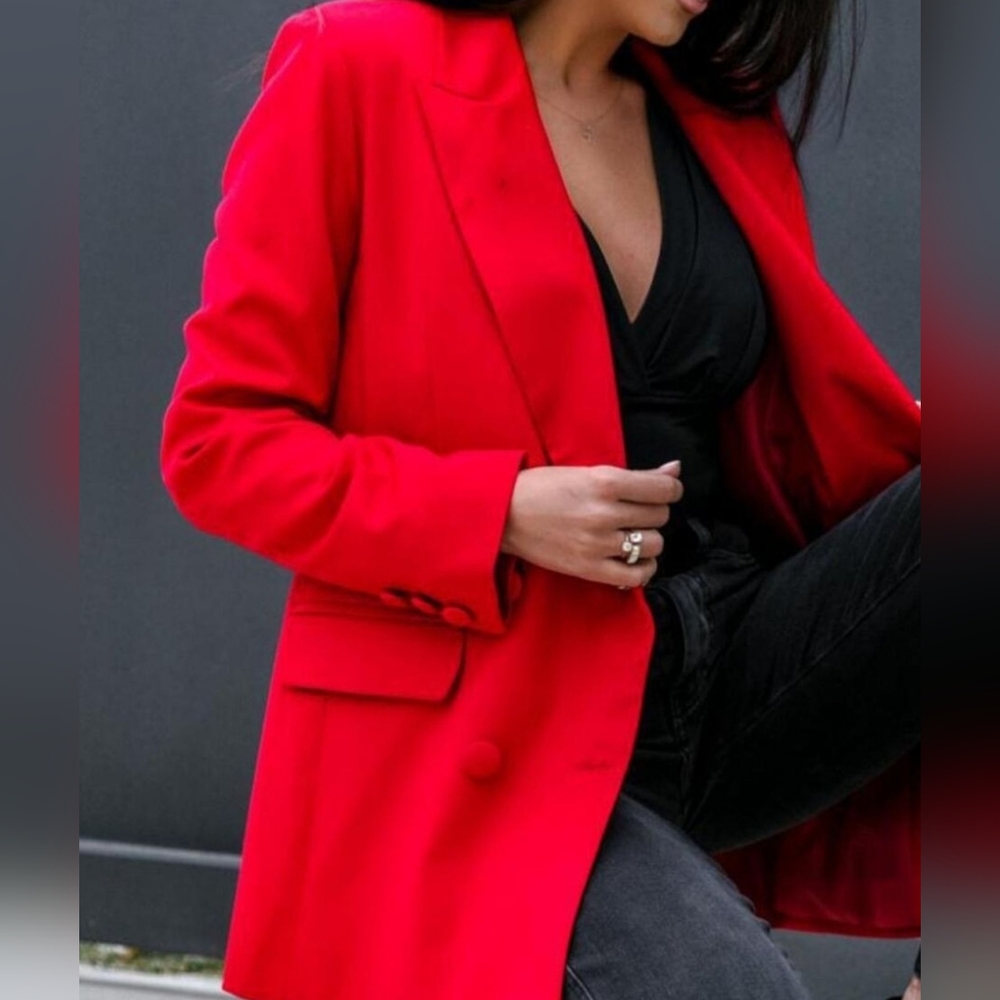 Red Women's Double-Breasted Blazer - Picture 2 of 8
